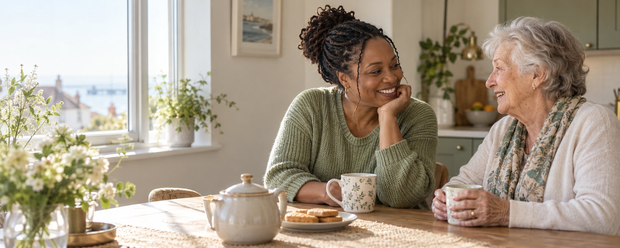 Care worker and older woman talking over tea at home