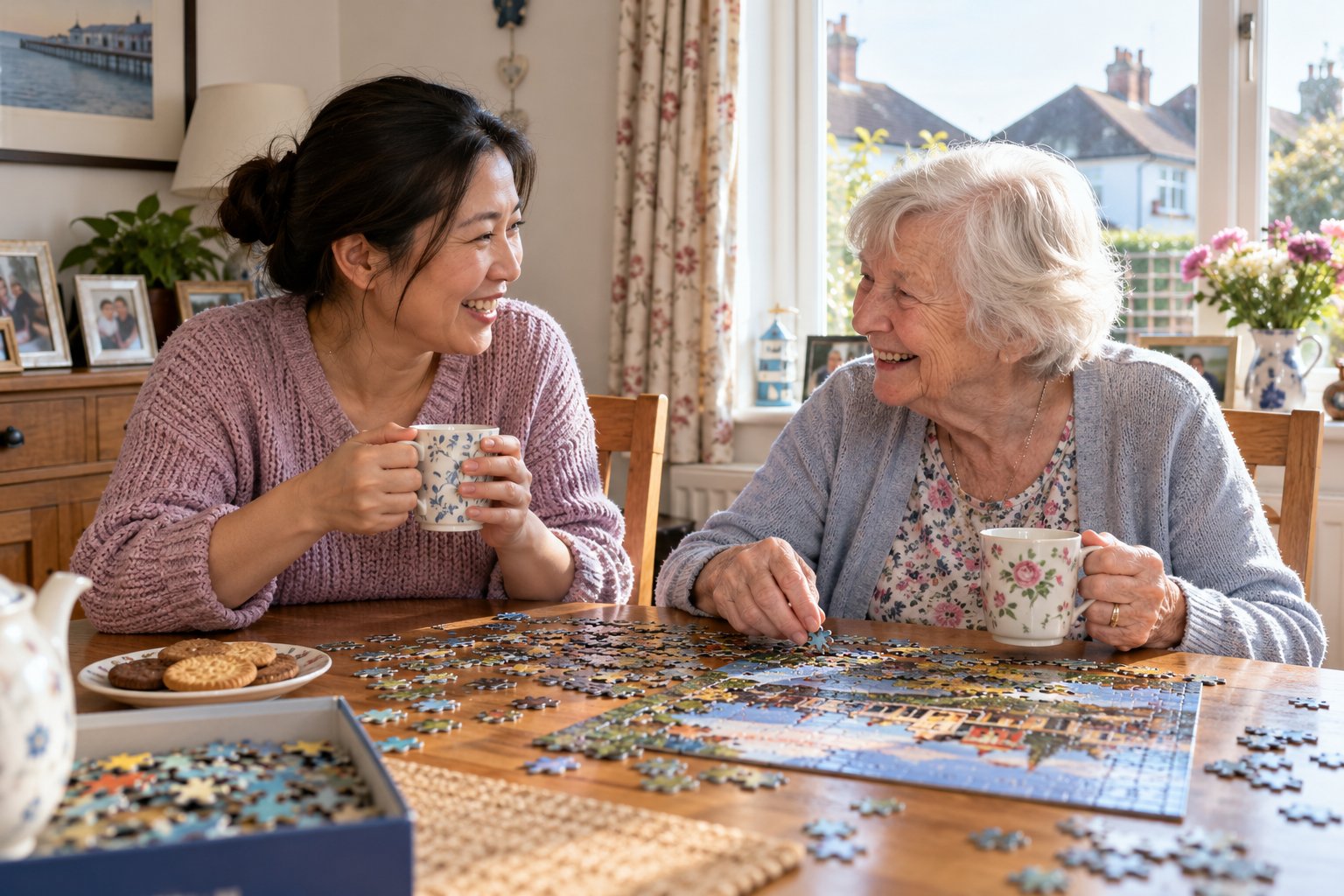 Care worker and older woman sharing tea and a jigsaw puzzle