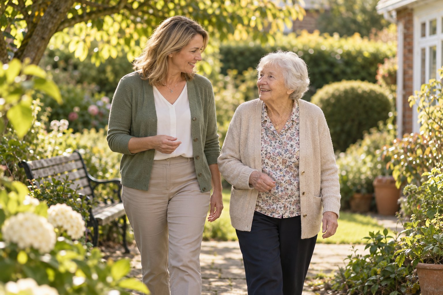 Care worker and older woman talking in a garden