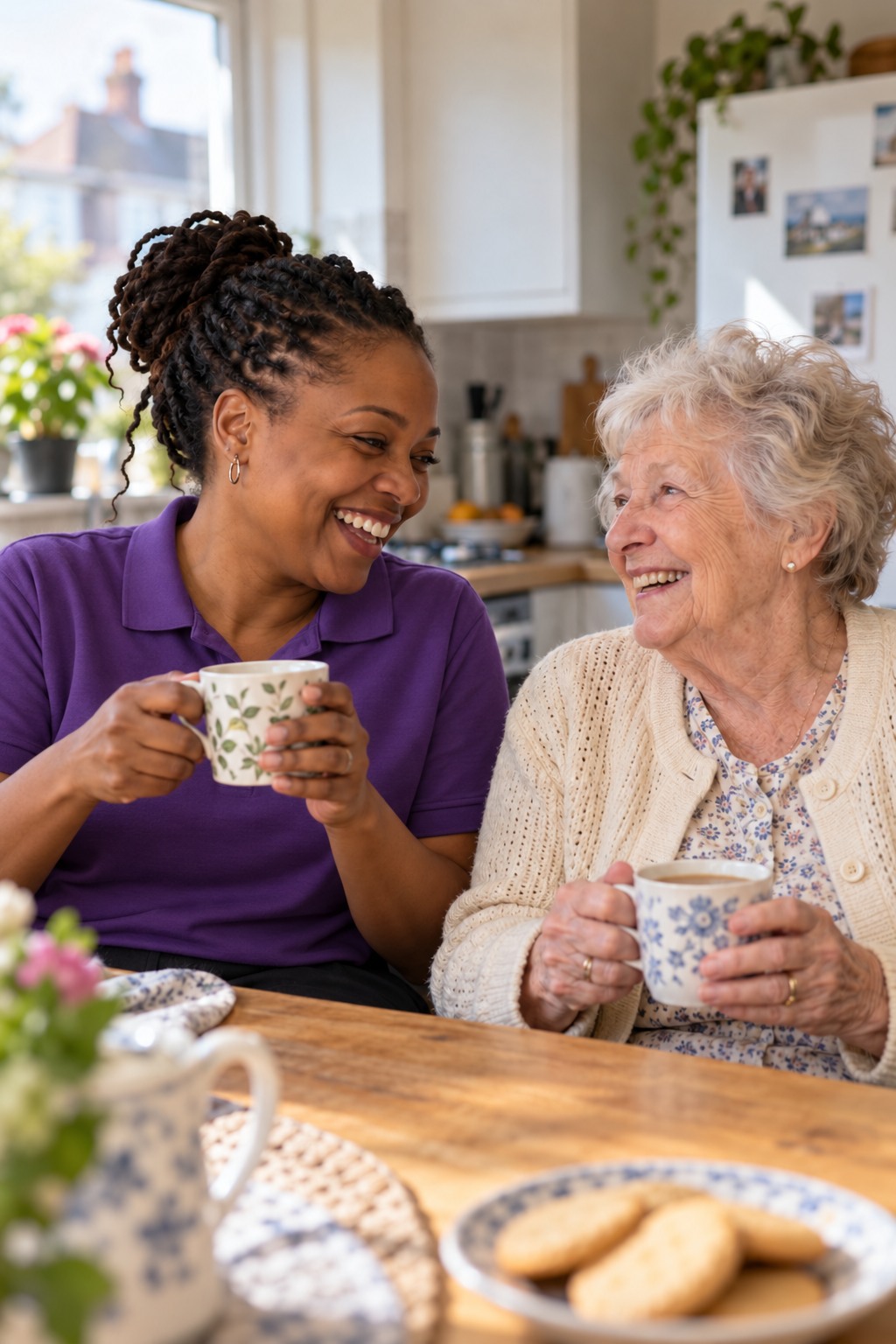 Home carer in a plain purple uniform sharing a conversation with an older woman