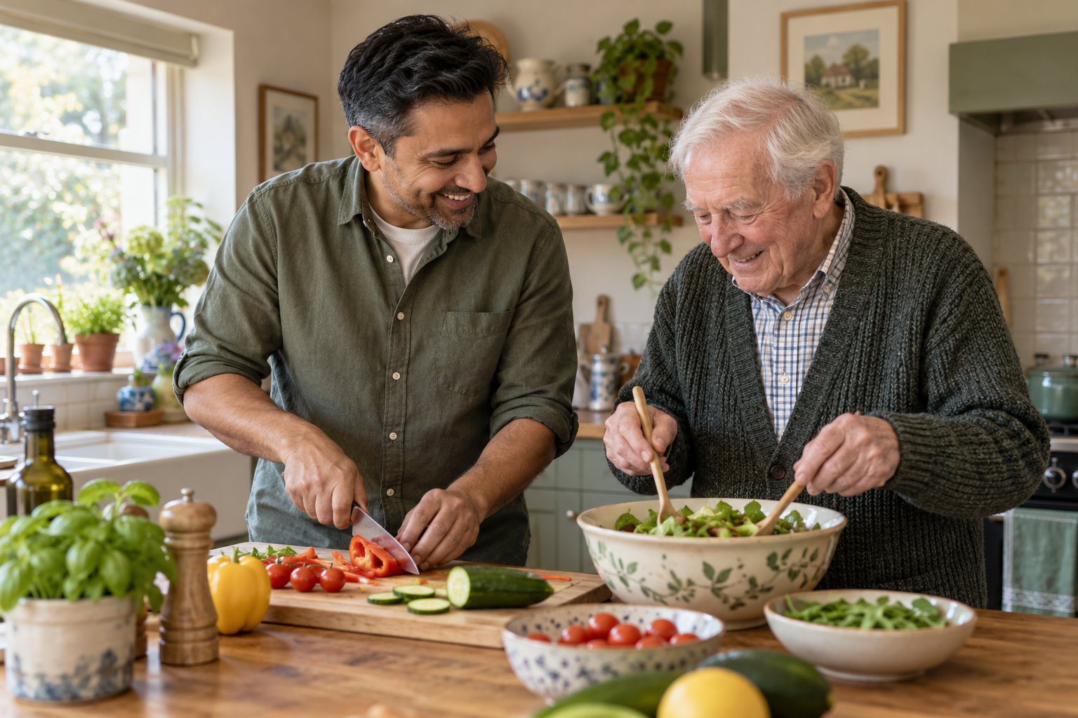 Care worker and older man making lunch together