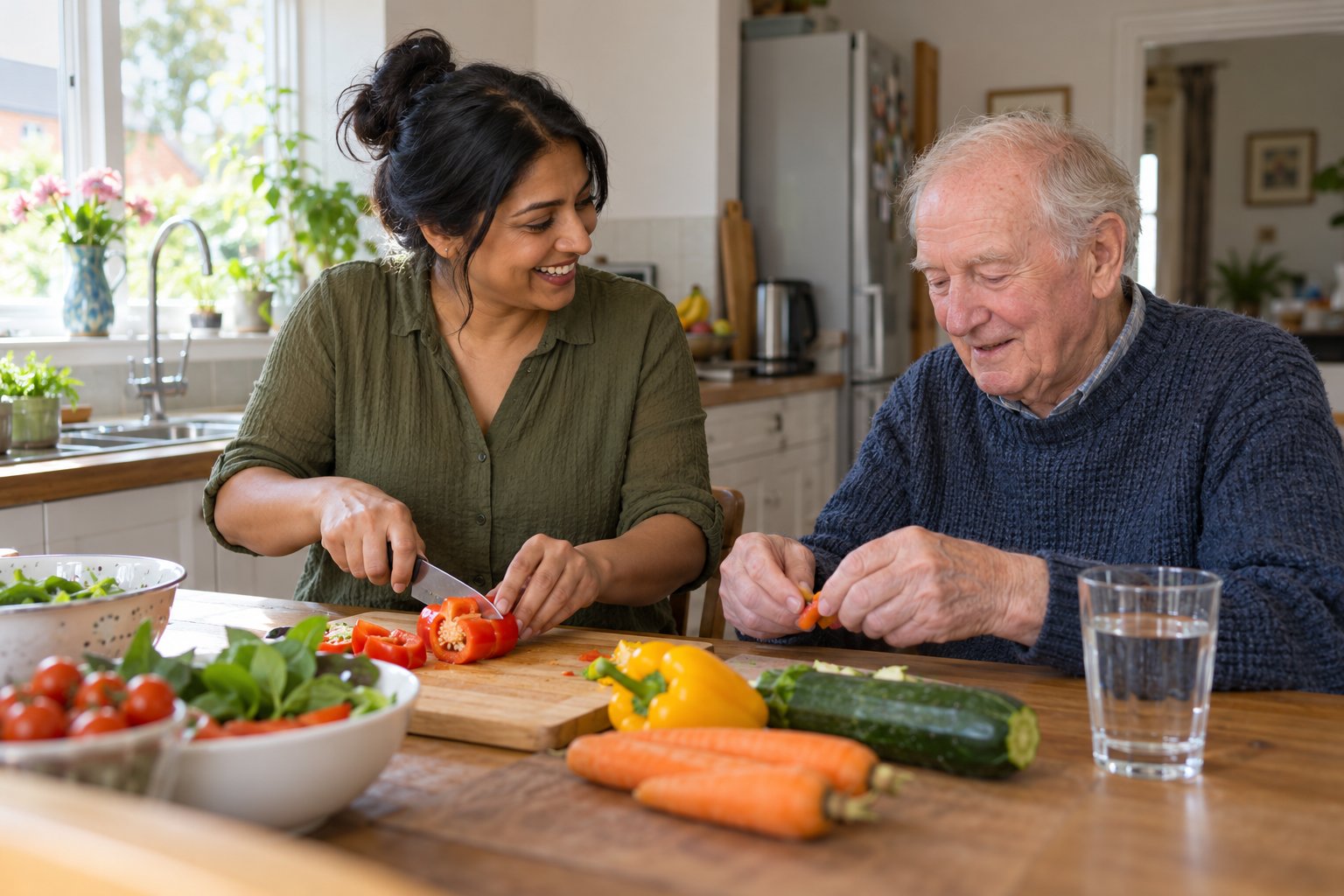 Care worker and older man preparing vegetables together in a home kitchen