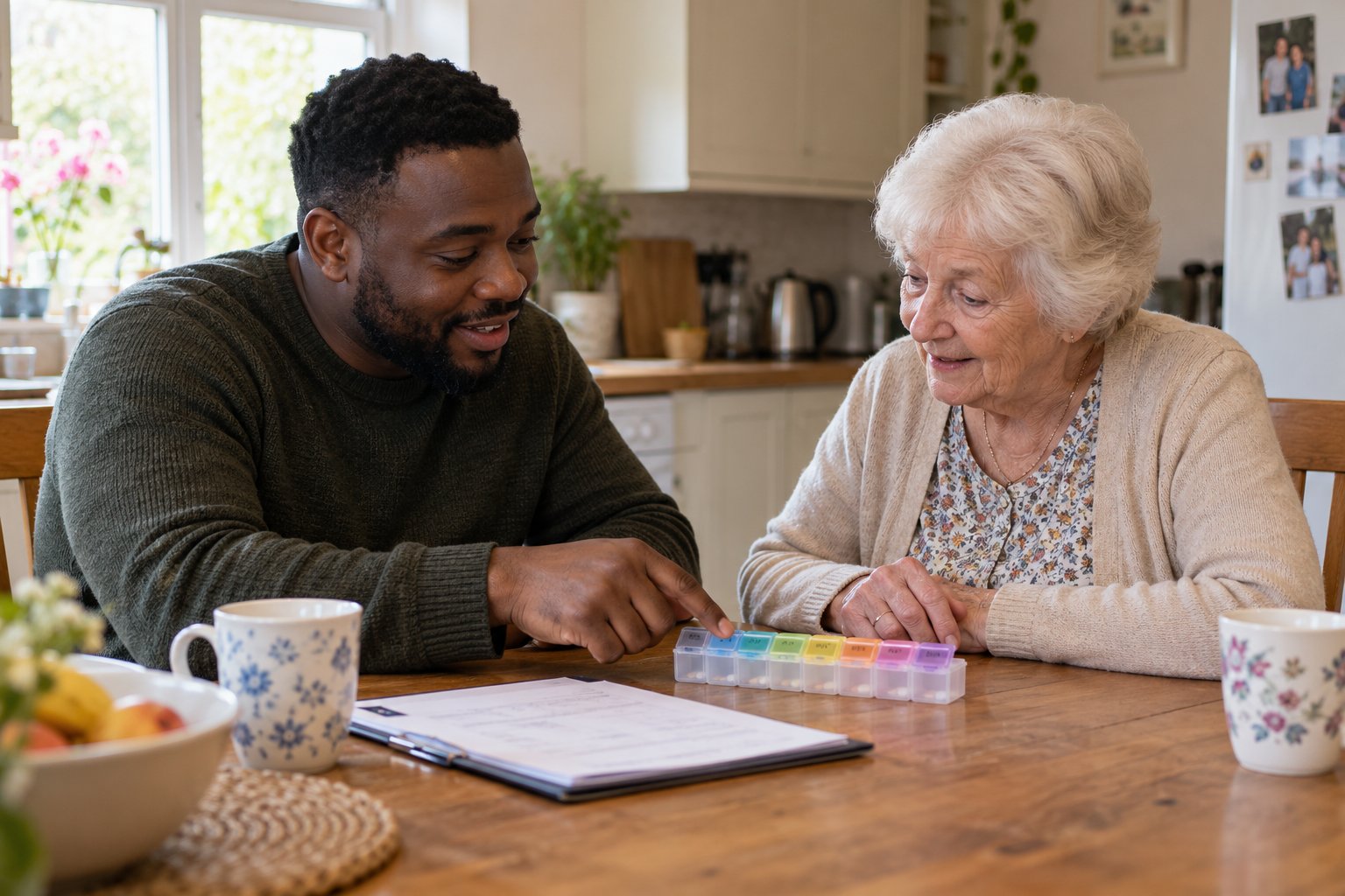 Care worker and older woman discussing a pill organiser at a kitchen table