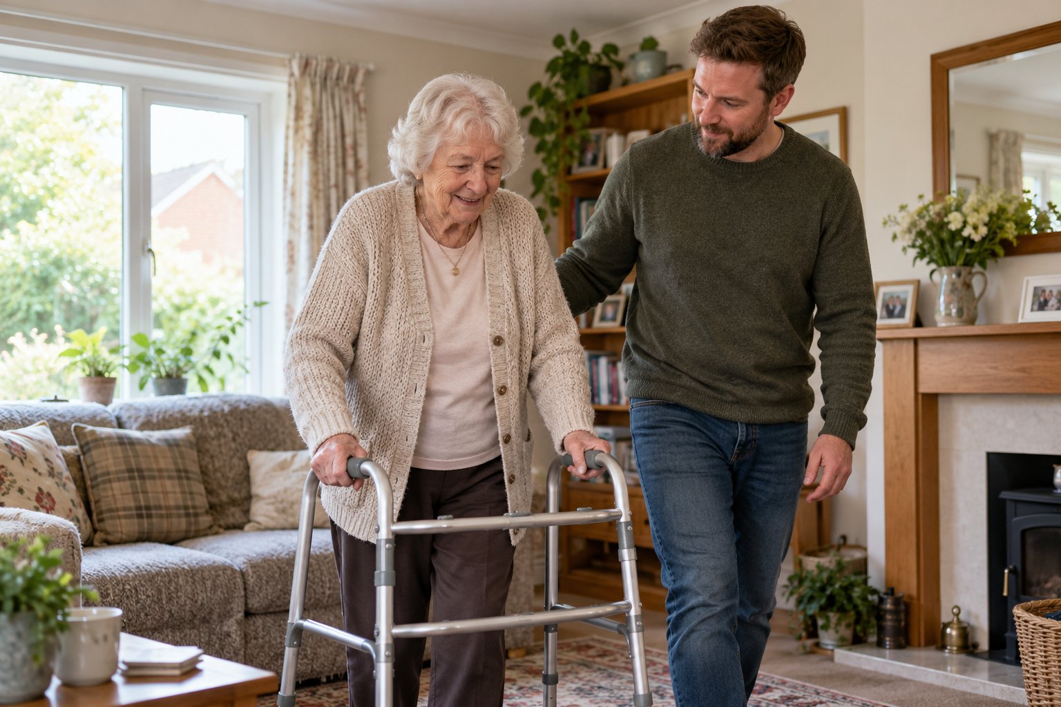 Care worker walking beside an older woman using a walking frame at home