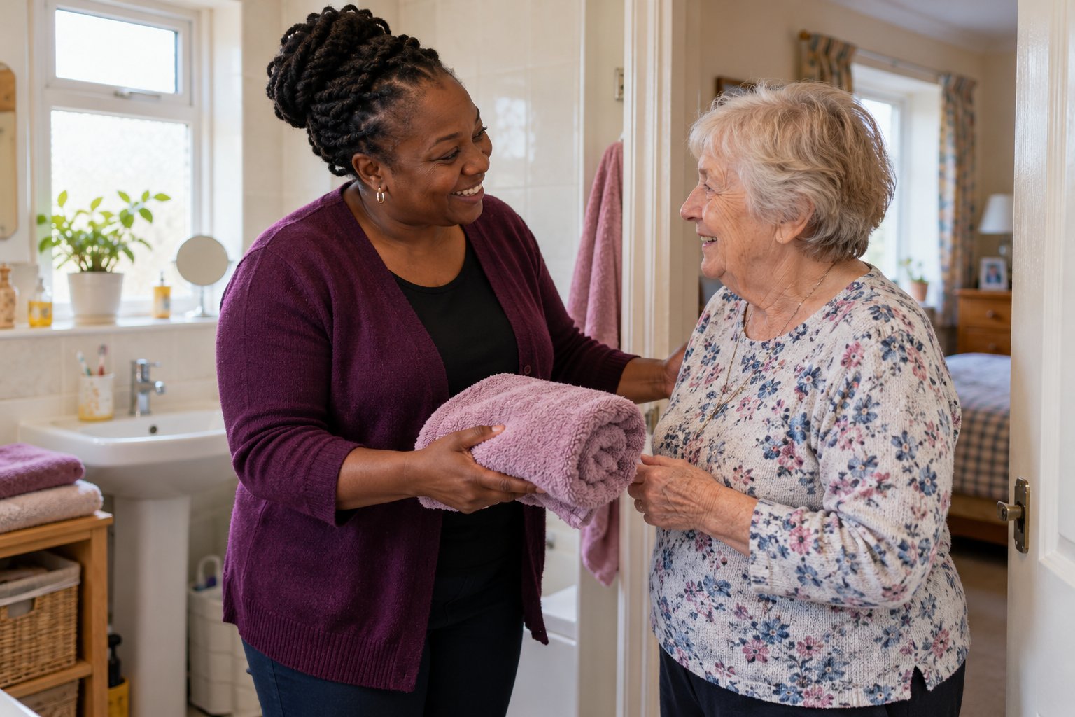 Care worker offering a towel to an older woman at home